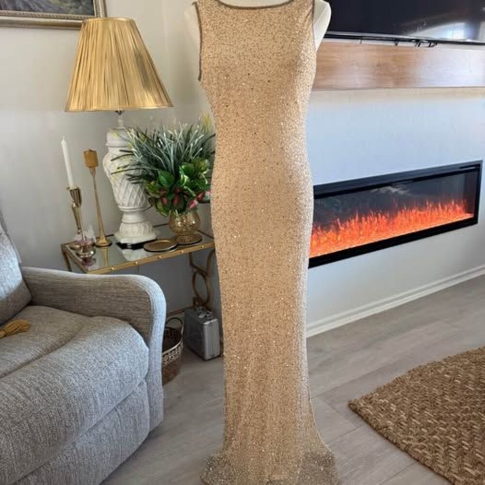 Prom Dress Elegant Gold Beaded Evening Gown Sleeveless Formal Maxi Vintage Sz 12 - Picture 10 of 12